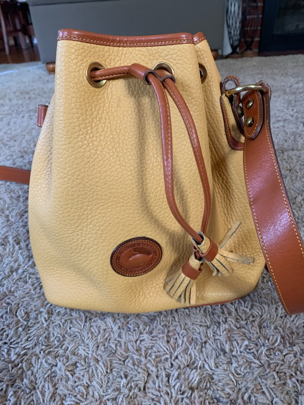 Vintage Leather Dooney Bag in Pale Yellow with Brown Trim